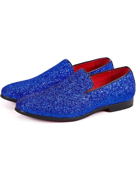 Men\'s Blue Leather Glitter Sparkly Loafers Slip On Tuxedo Formal Events Shoes main image 6